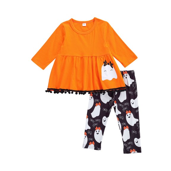 2PCS Halloween Outfits Clothes Toddler Baby Girl Pumpkin Long Sleeve Sweatshirt Flared Pants Set