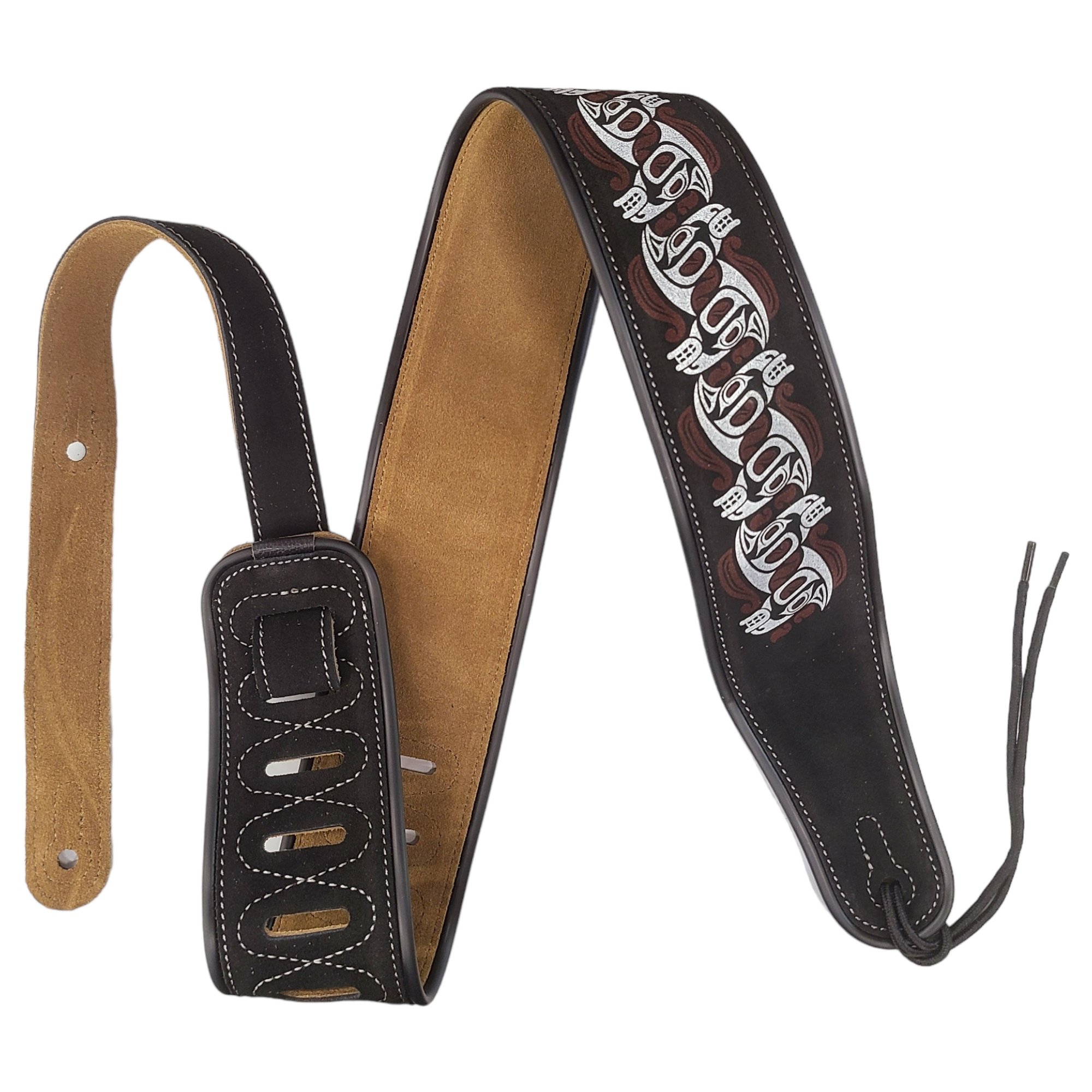 Leather Strap Acoustic Electric Guitar Bass Black Brown Notes Wide Thick Padded Black Suede Tribal Horse