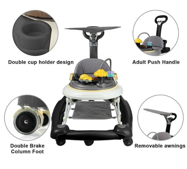 LHUAI Baby Walker With Bouncer, Removable Footrest, Feeding Tray & Music, Foldable & Adjustable Activity Walker For Boys And Girls, Toddler Infant, Black