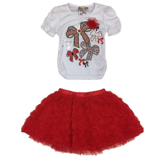 Little Girls Red White Rhinestone Bow Shirt Rose Tulle Ruffle Tutu Outfit 4