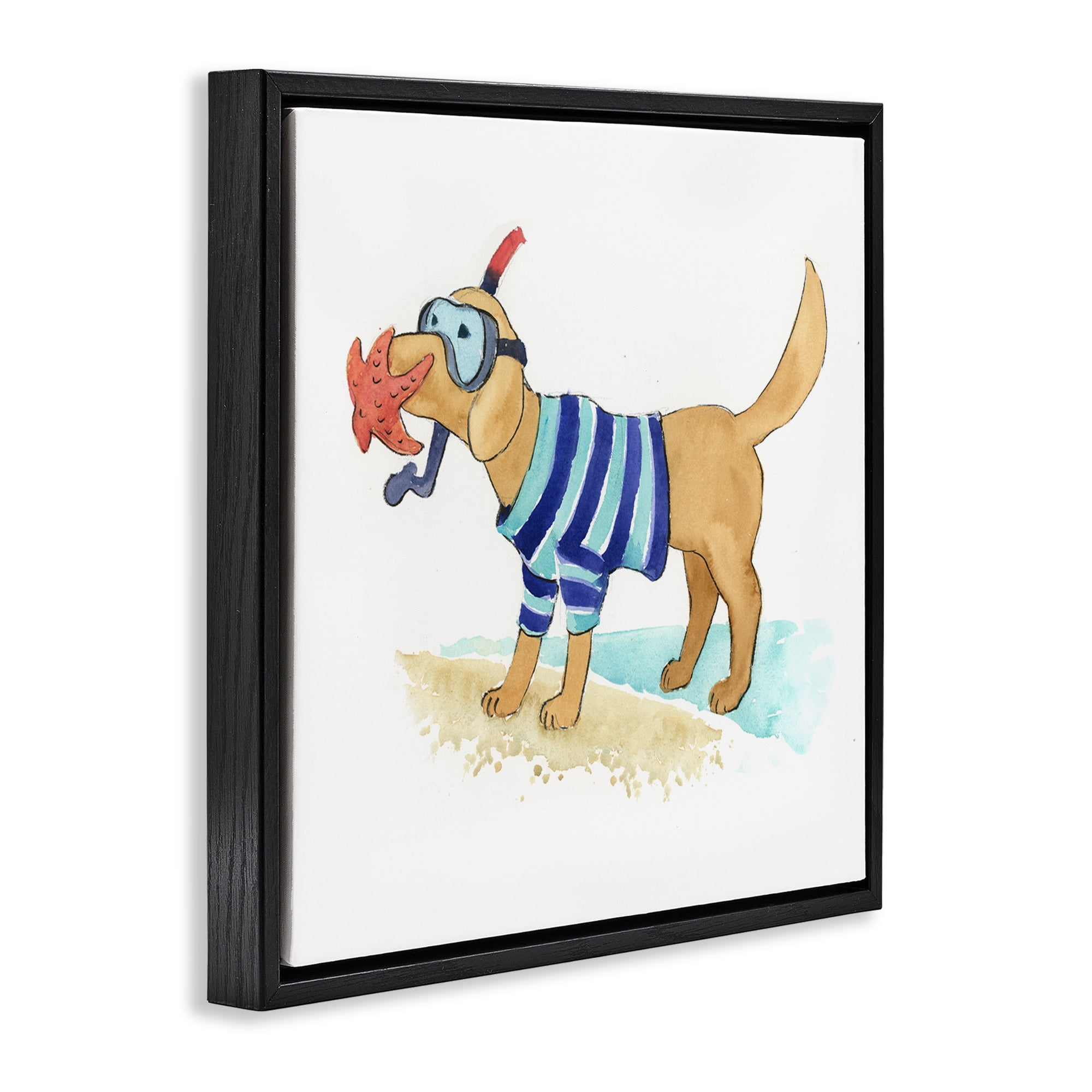 Stupell Industries Sandy Dog with Snorkel Animals Painting Black Floater Framed Canvas Art Print Wall Art, 25 x 25