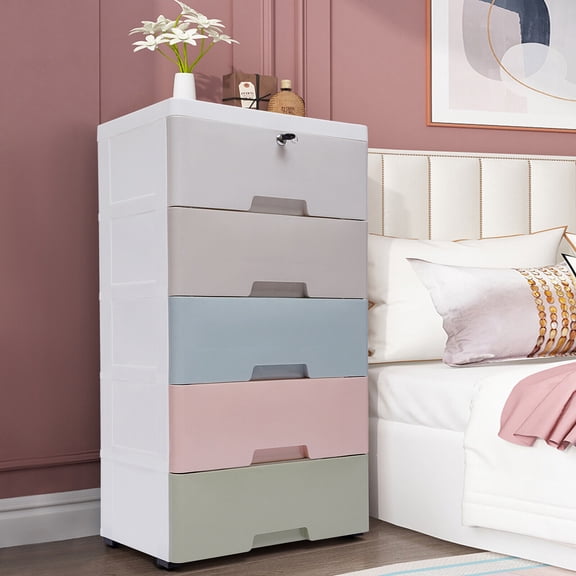 Plastic Drawers Storage Cart Mobile Cabinet with Casters, 5 Drawers Storage Dresser with Lock, Large Containers Organizer Unit