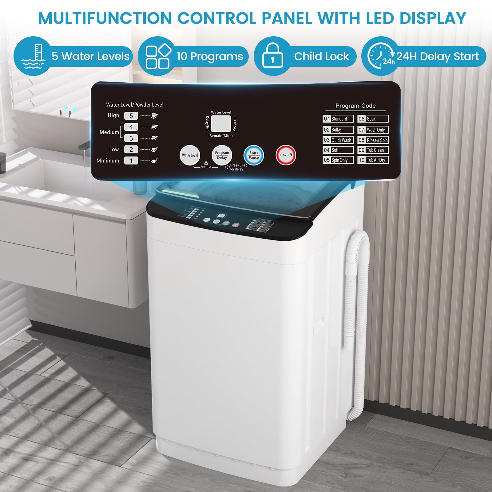 Zynkez 25Lbs Portable Full Automatic Washing Machine, Washer and Spin Dryer Combo with LED Display, Compact Laundry Washer Machine with 10 Wash Programs, Built-in Drain Pump