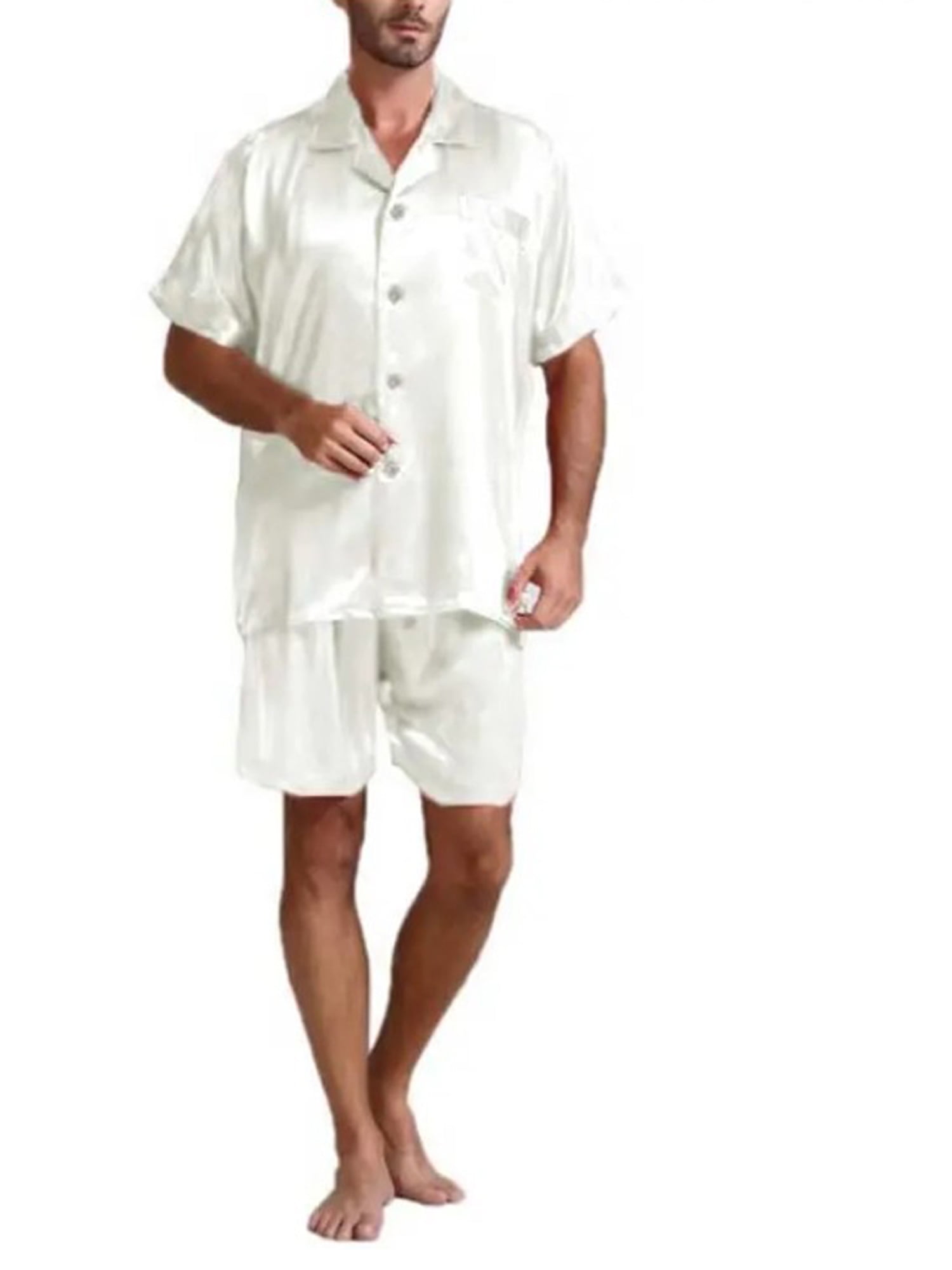 wybzd Men Silk Satin Pajamas Short Sleeve Button-Down Tops+Shorts ...