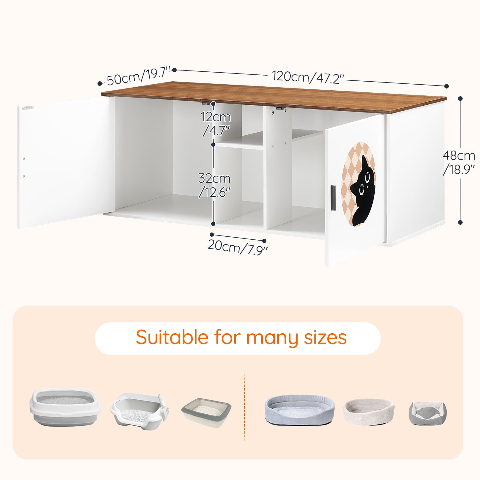 HOOBRO Double Cat Litter Box Enclosure with Middle Storage Shelf, Dual Hidden Litter Box Furniture, Unique Patterned Litter Box Cabinet, White and Walnut WH25MW01