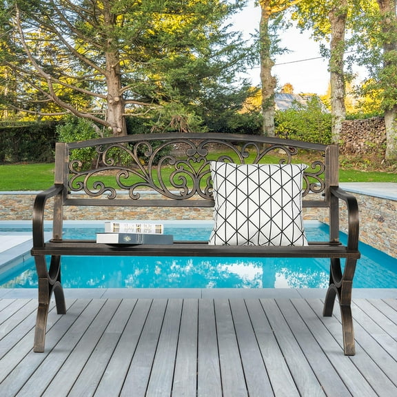 iTopRoad 50 Inches Garden Bench Outdoor Metal Bench Patio Garden Bench Sturdy Steel Frame Furniture for Yard, Outdoor, Park, Porch, Entryway, Lawn,(Bronze)