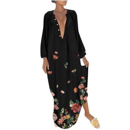 

YanHoo Sundresses for Women 2023 Summer Maxi Dress Long Sleeve V Neck Button Shirt Cover Up Beach Dress