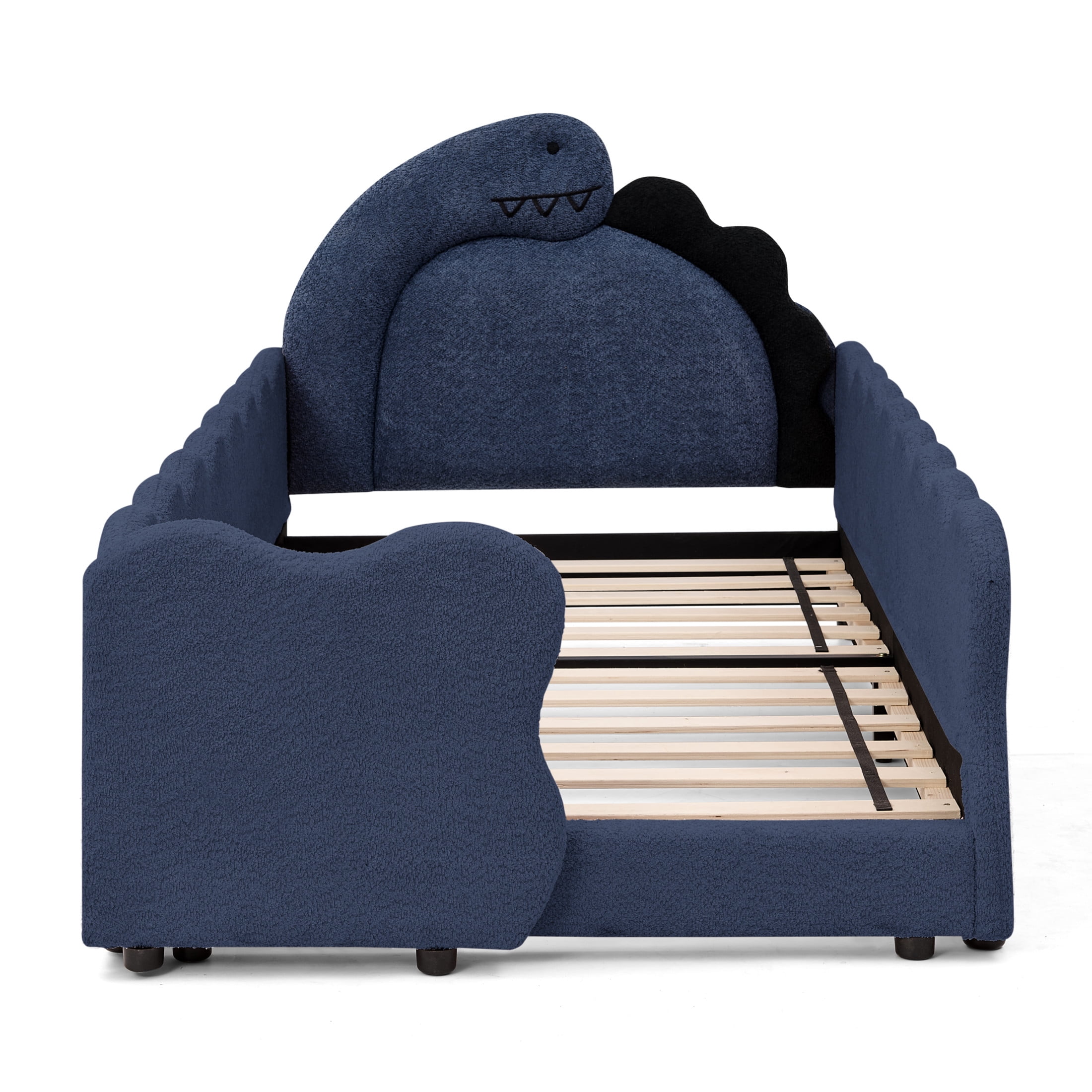 Noble House Almere Twin Size Dinosaur Kids Bed, Cozy Playful Boucle Toddler Bed Frame with Safety Guardrails, Navy Blue