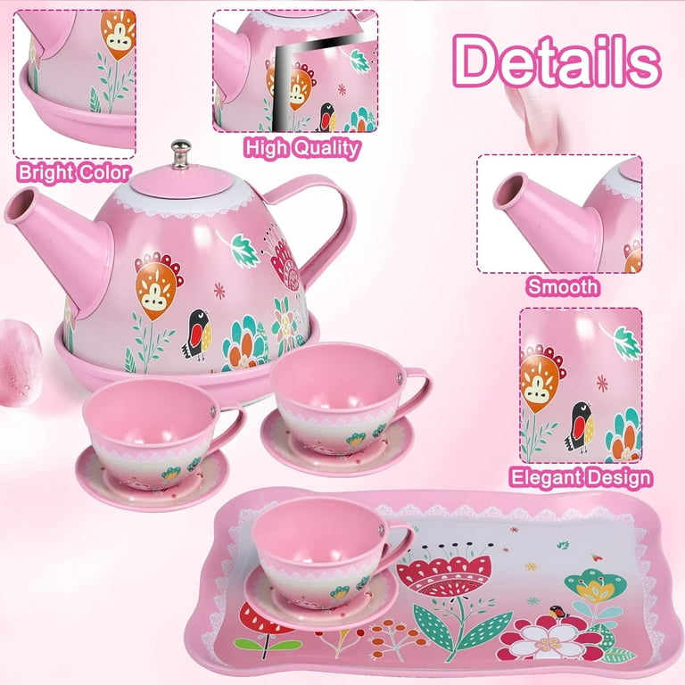  POMAMZ Tea Party Set for Little Girls, Kids Tea Set for 3 4 5 6- Year-Old Girls Gifts, Princess Kitchen Playset for Girls Including Cookies,  Cake, Doughnut, Dessert, Teapot Tray& Carrying Case 