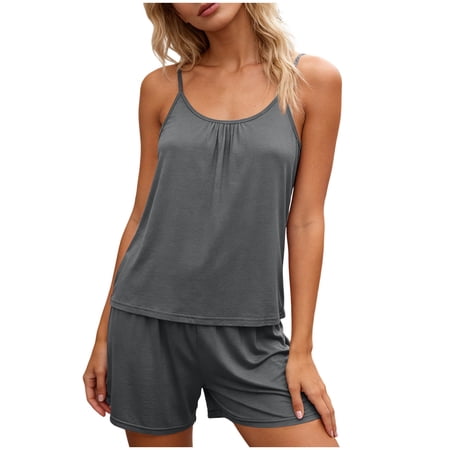 QSAWXQZ Women s 2 Piece Cami and Shorts Pajama Set Sleepwear Spaghetti Strap Sleeveless Scoop Neck Tank Top Elastic Waist Shorts Soft Breathable Casual Home Wear Loungewear M