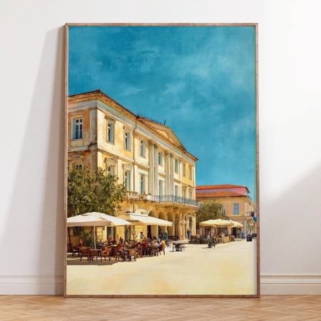 Sparta Greece Mediterranean Square Sunlit Cafe Scene Print, Unframed Paper Print Size 8x12