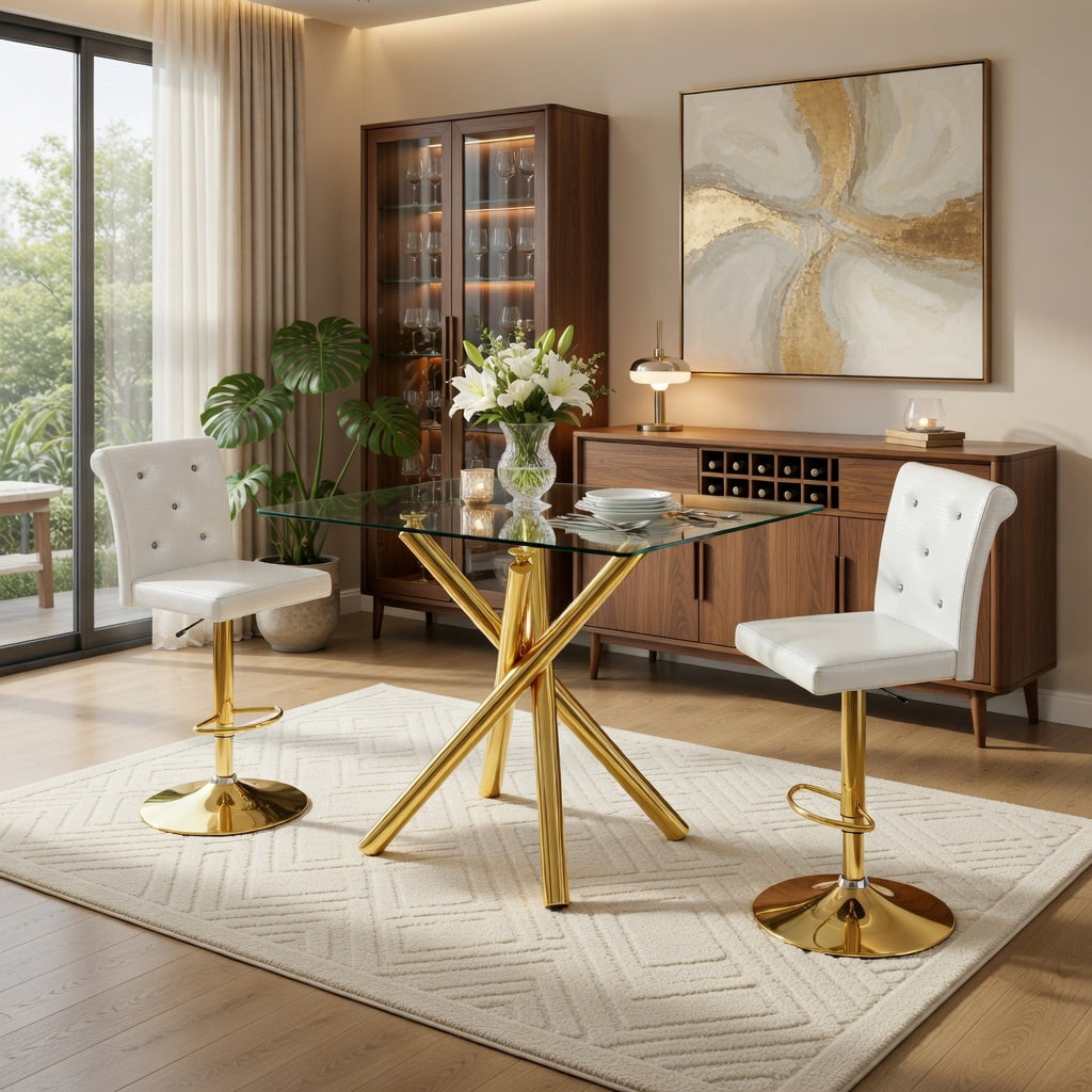 Hommoo Modern 3-Piece Glass Bar Table Set with Adjustable Swivel Bar Stools, Chrome Frame & PU Leather, Counter Height for Kitchen Island, Home Bar & Small Spaces, White & Gold