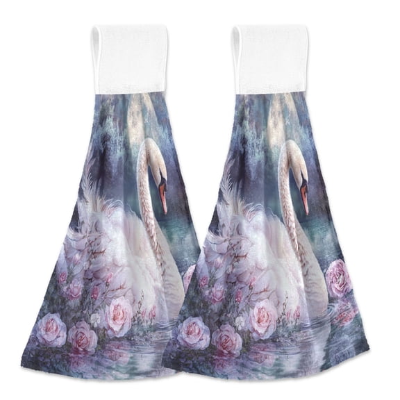 BZSMCE Hanging Hand Towels Fashion Swan by Moonlight with Roses Pattern 2-Pack - Velcro Style Bathroom Kitchen Towels