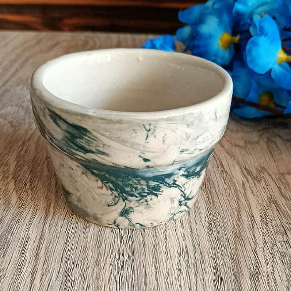 India Meets India Ceramic Planter [Cream w/ Blue Design], Small Modern Minimalistic Planter for Home Decoration/Living Room/Bedroom/Office/Table/Bookshelf, 3" INCHES