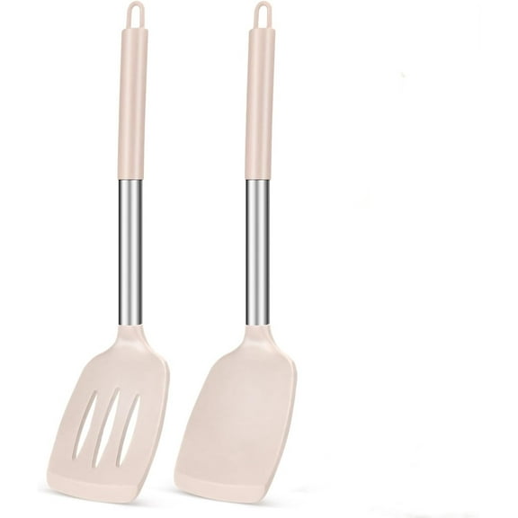 2-Pack Silicone Solid & Slotted Turner Set – High Heat Resistant BPA-Free Kitchen Spatulas for Non-Stick Cookware | Ideal for Fish, Eggs, Pancakes (Stainless Steel Khaki)