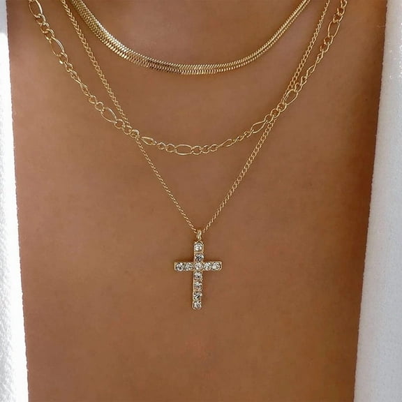 Layered Gold Cross Necklaces for Women, Stack Stackable Chunky 14K Gold Plated Cubic Zirconia Pendant Necklace Set Dainty Choker Layering Necklaces for Women Faith Jewelry Religious Gift[k148]