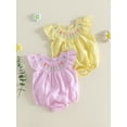thumbnail image 3 of BemeyourBBs Newborn Baby Girls Summer Clothes Plaid Gingham Smocked Bubble Rompers Flower Embroidery Round Neck Fly Sleeve Infant Bodysuits Jumpsuits, 3 of 9