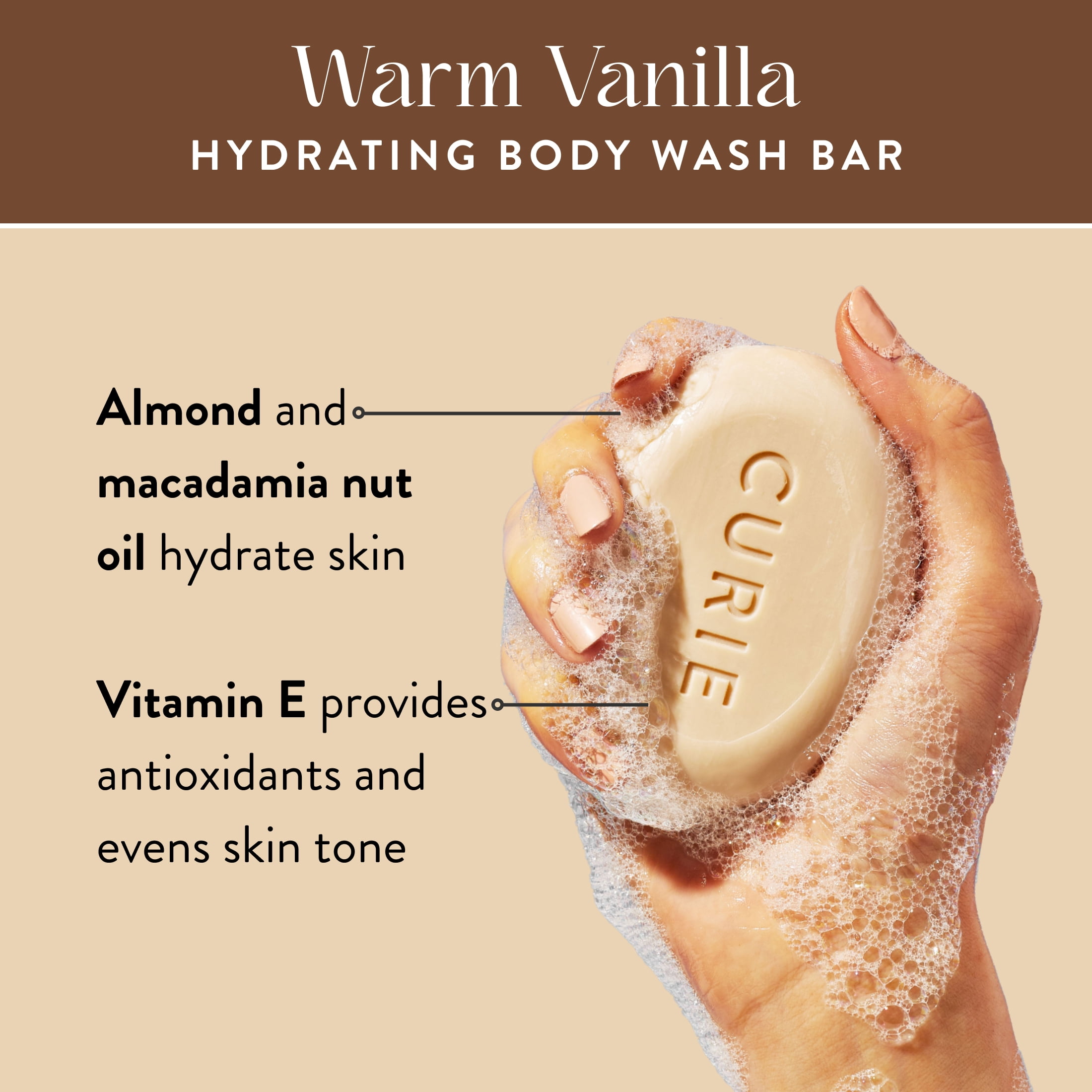 Curie Hydrating Body Wash Bar Soap, Warm Vanilla, for Men and Women, 3.5 oz