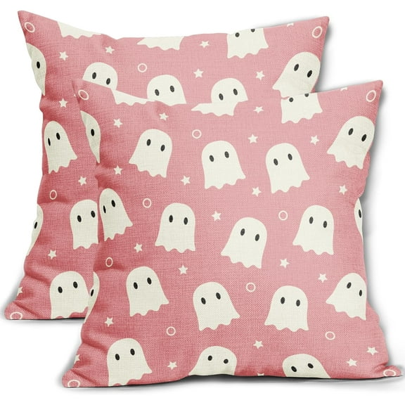 Halloween Pillow Covers 18x18 Inch Funny Cute Ghost Outdoor Throw Pillows Pink And White Spooky Throw Pillow Covers Set of 2 Cotton Linen Halloween Decorative Pillowcases For Halloween Home Sofa Decor