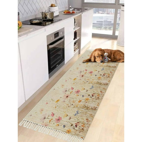 Botanical Flower Entryway Runner Rug 2x4ft,Retro Colored Spring Floral Herb Washable Woven Living Room Hallway Bedroom Kitchen Carpet with Tassels,Indoor Outdoor Throw Door Mat for Entryway