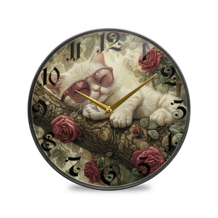 WOBOGO Red Rose Cat Acrylic Wall Clock Battery Operated 11.9in Silent No Tick Bedroom Living Room Office Classroom Decoration