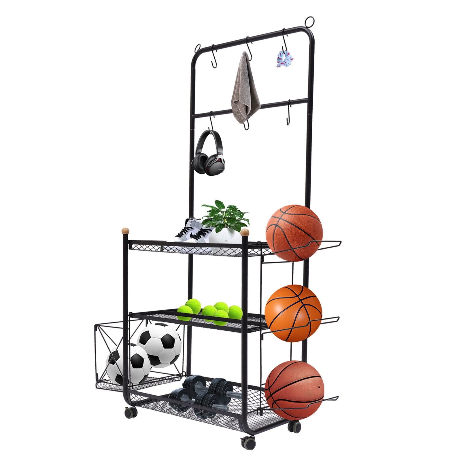3 Tiers Movable Garage Storage Stand Sports Equipment Rack with 6
