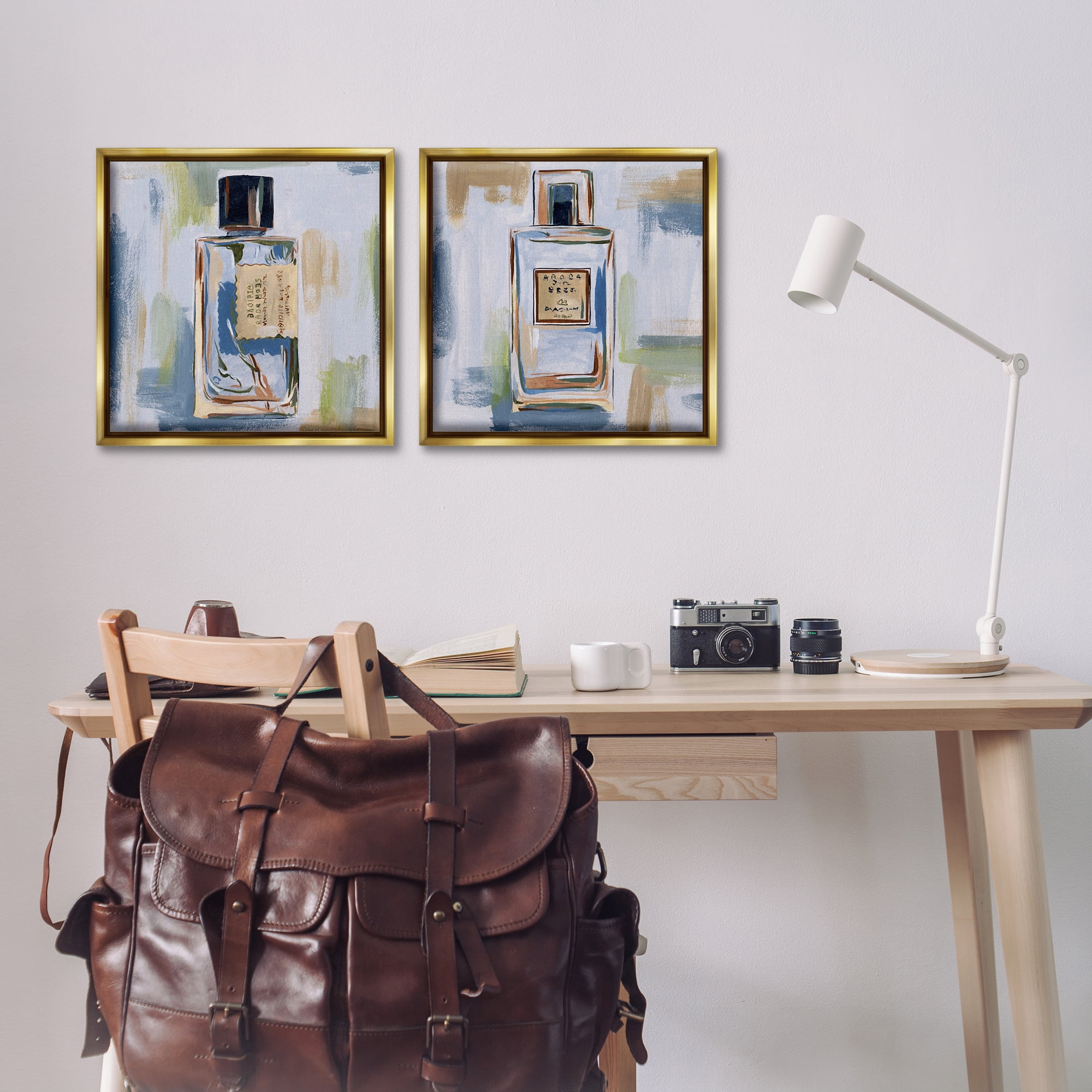 Stupell Industries Abstract Cologne Perfume Bottle Fashion Painting Gold Floater Framed Canvas Art Print Wall Art, 18 x 18, Set of 2