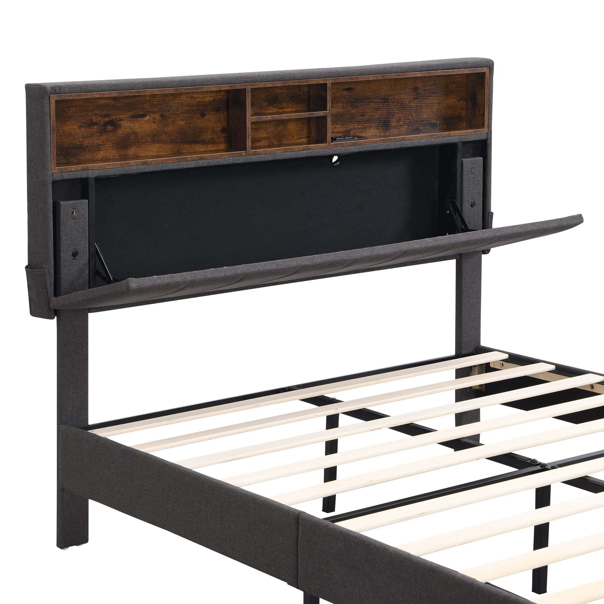 Aukfa Full Upholstered Bed, Platform Bed with Storage Headboard and USB Port for Adults Kids, Gray