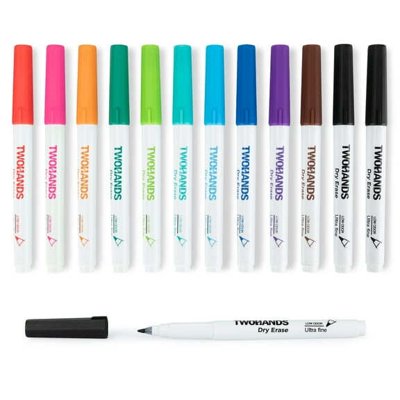 TWOHANDS Dry Erase Markers Pack, Fine Tip, Assorted Colors, 12 Count