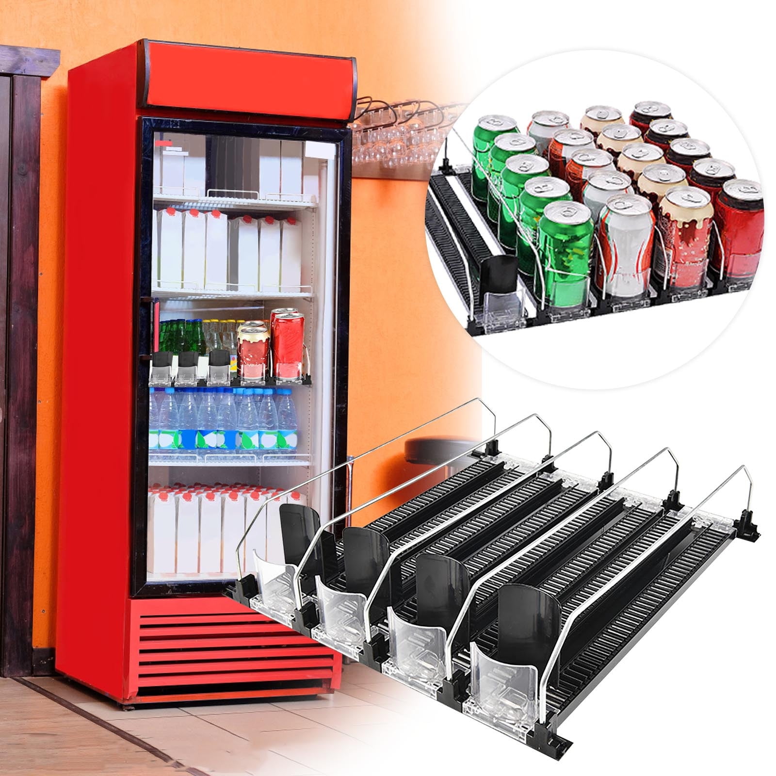 BUDO Drink Organizer for Fridge, Self-Pushing Soda Can Bottles Dispenser  for Refrigerator, 5 Row Width Ajustable, Black, 14.96 Depth