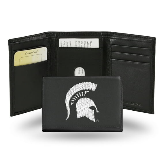 Michigan-St-Spartan's Embroidered Black Leather Trifold Wallet
