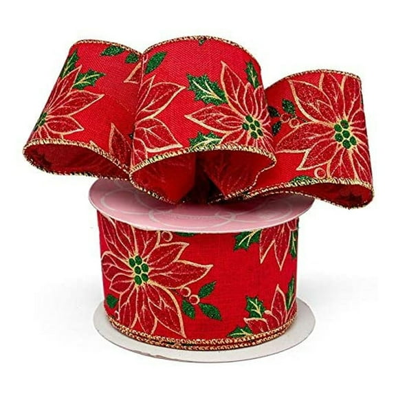 Christmas Poinsettia Linen Wired Ribbon - 2-1/2" Wide X 10 Yards (56170806)