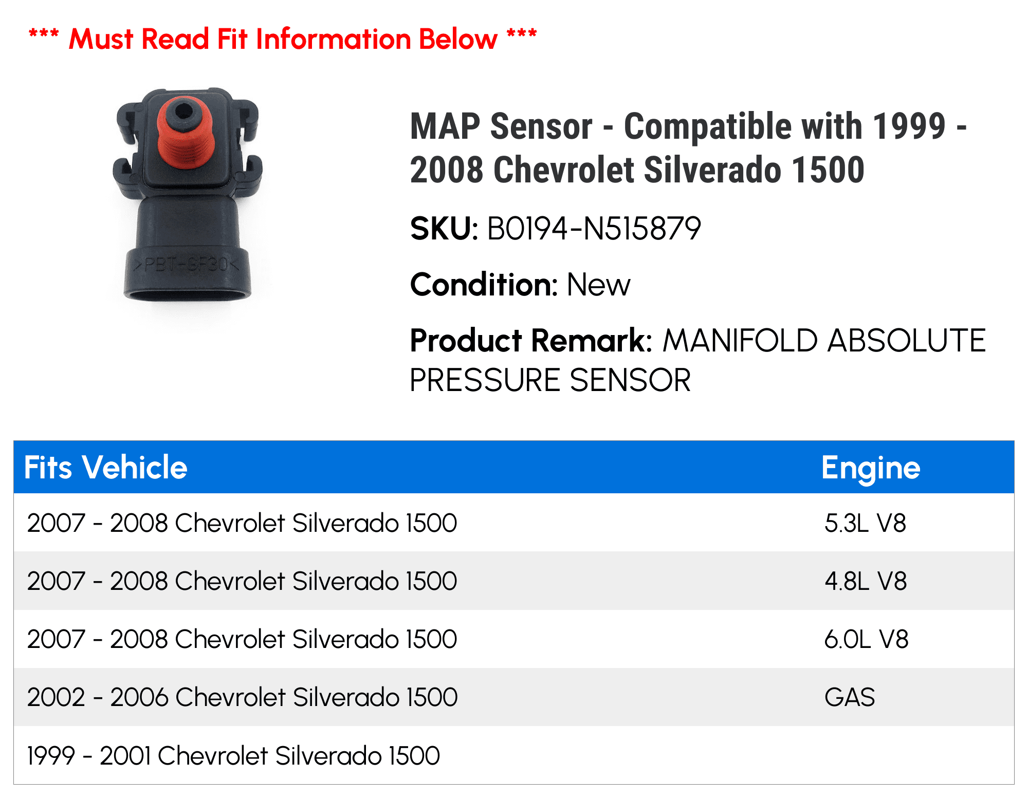 MAP Sensor - Compatible with 1999 - 2008 Chevy Silverado 1500 2000 2001 2002 2003 2004 2005 2006 2007