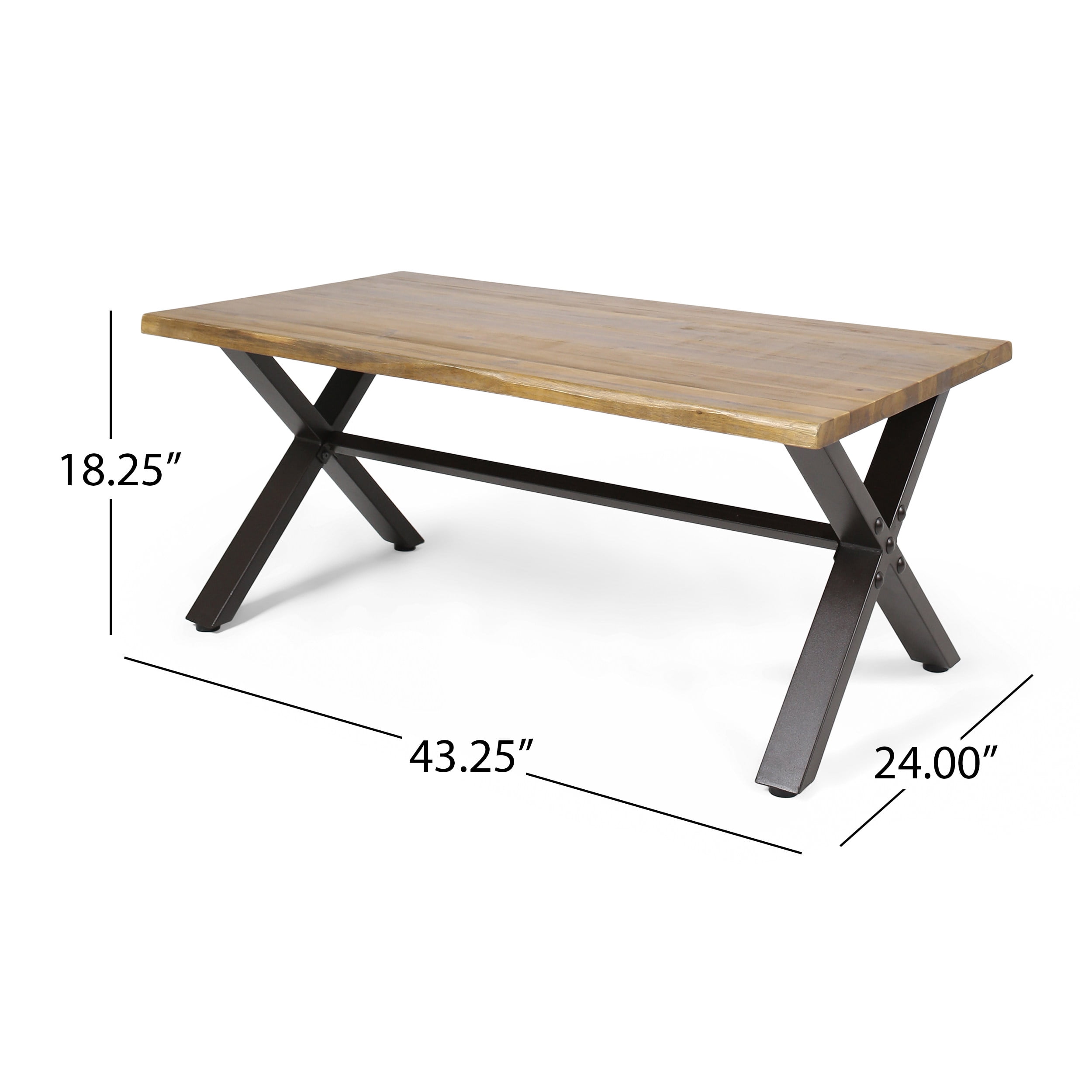 Outdoor Coffee Table, Acacia Wood Top with Rustic Metal Support for Patio Garden, Teak and Rustic Metal
