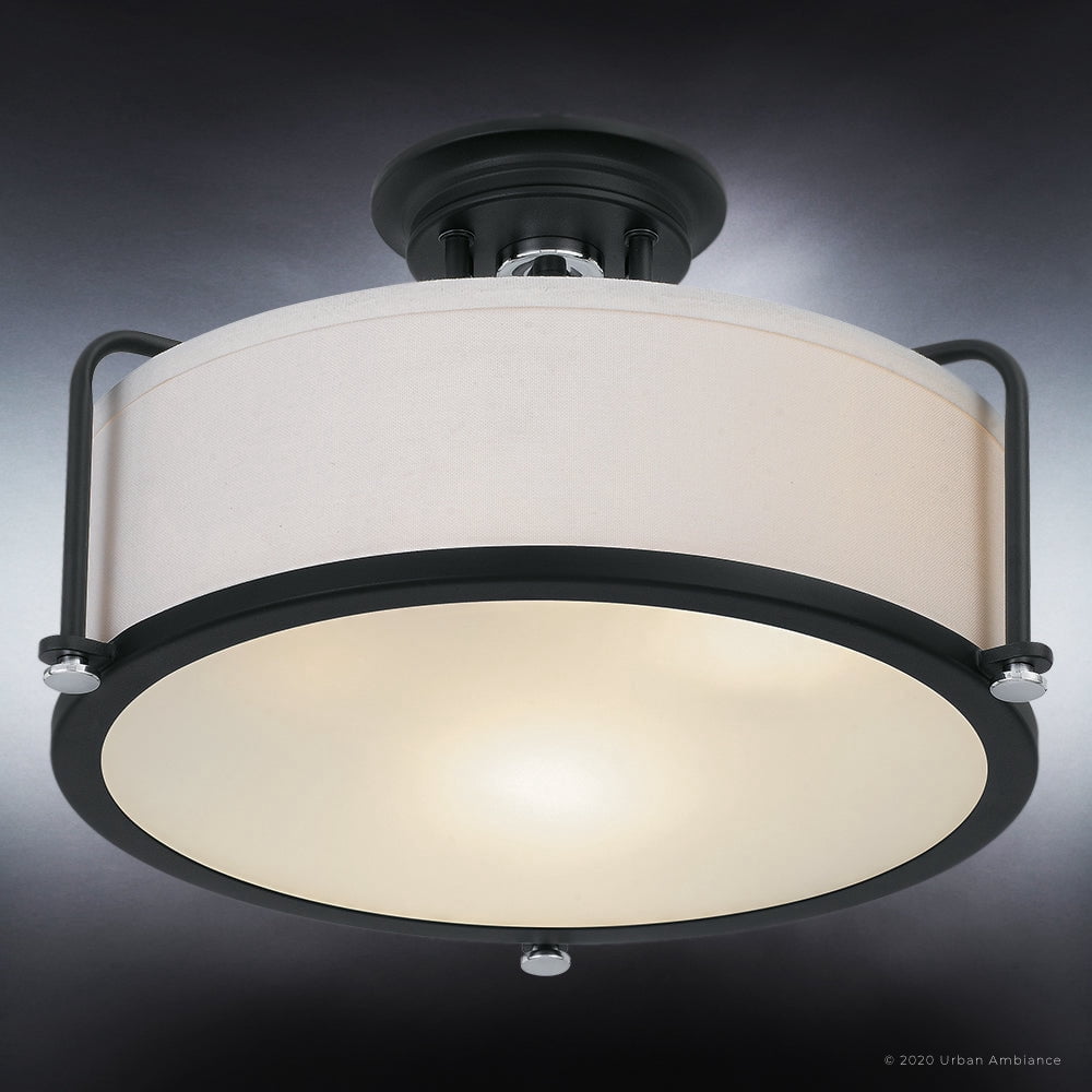 Luxury Minimalist Indoor Ceiling Light, 10.50''H x 17.50''W, with Modern Style Elements, Art Deco Design, Natural Black Finish and Eggshell Fabric, UQL3771