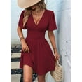 thumbnail image 3 of Women V Neck Mini Dress Summer Ruffle Sleeves A Line Elastic High Waist Flowy Swing Dresses Wine Red L, 3 of 7