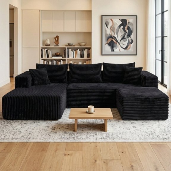 Anybox 92.5" Corduroy U-Shaped Sectional Sofa, Modular Boneless Couch with Left-Facing Chaise, Ottoman and Deep Seat, No Assembly, Black