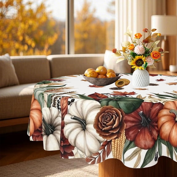 Watercolor Rustic Fall Pumpkin Leaves Botanical Print Round Tablecloth, Dining Patio B&B Holiday Party Home Decor, Thanksgiving Christmas Gift
