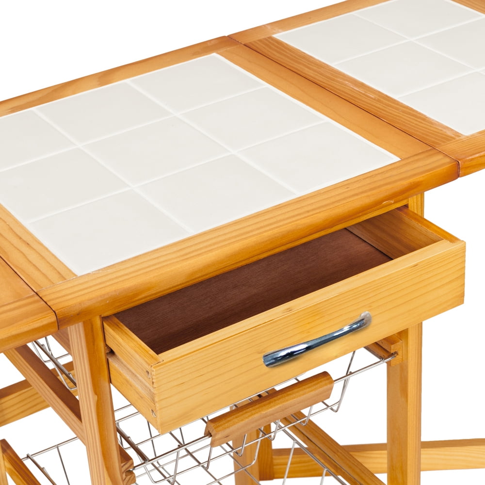 Kepooman Kitchen Storage Cart, 4-Tier Folding Rolling Wood Cart w/ Drawers Stand Kepooman Kitchen Storage Cart, 4-Tier Folding Rolling Wood Cart w/ Drawers Stand