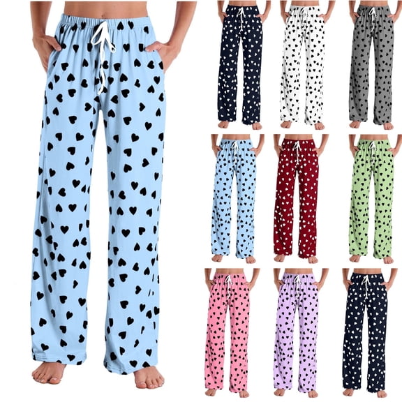 Lovzfmll Sleep Pants for Women, Heart Print Elastic Waist, Casual Straight Leg Full Length Pants Blue, S