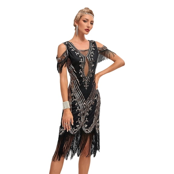 Aellinatey Elegant Sequins Roaring 20s Party Dress Women Fringe Evening Gown for Cocktail
