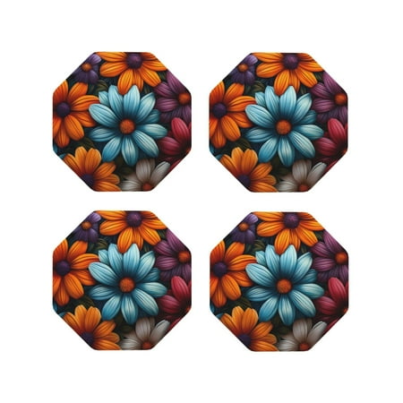 

Fuzoiu Colorful Blooming Flowers Print Leather Coasters Set Drink Coasters Set of 4 for Tabletop Protection Durable PVC Coasters Home Décor and Housewarming Gift-Octagon