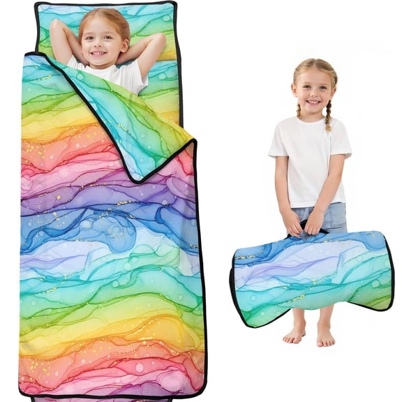Geometric Wave Blue Pattern Teens Toddler Nap Mat with Pillow, Sleeping Mat Bag for Preschool Daycare 59"x22"