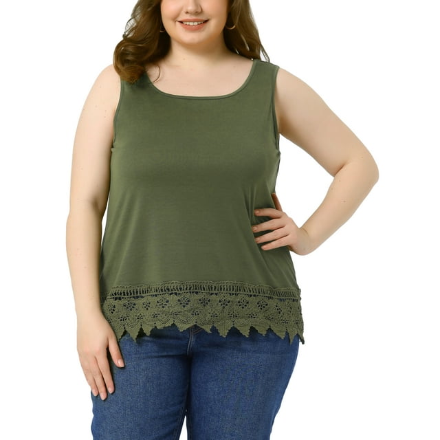 Camisetas sin mangas de talla grande GRACE & GRANDEUR para mujeres, blusas de encaje con cuello redondo y corte fluido 2X color verde militar