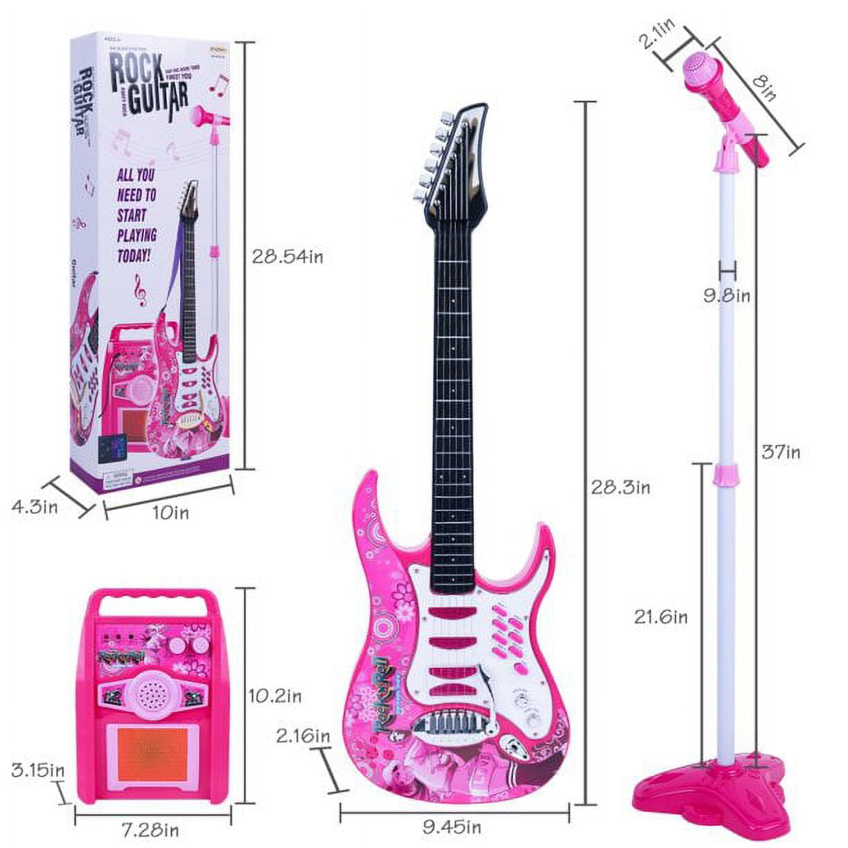 iMeshbean - Kit de guitarra eléctrica de juguete para niños y niñas con  micrófono, amplificador con cable, auxiliar (rosa)