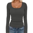 thumbnail image 2 of Lixiuxyad Women T-Shirt Women's Basic Ribbed Knit Square Neck Long Sleeve T Shirt Fall Fashion Casual Stretch Fit Comfortable Top For Girls And Teens,Gray, 2 of 6