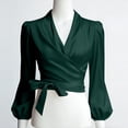 thumbnail image 7 of Oplxuo Lantern Sleeve Satin Shirts for Women V Neck Wrap Tie Side Business Casual Tops Dressy Going Out Tunic Blouse, 7 of 7