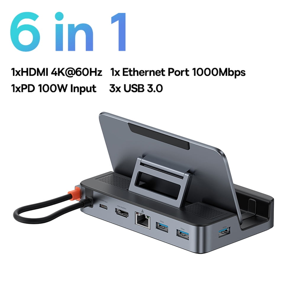 6-in-1 USB C Docking Station for Steam Deck/Switch - 4K@60Hz HDMI, Gigabit Ethernet, 3 USB 3.0 Ports-Gray