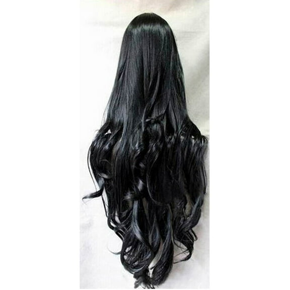 PreAsion Black 31.5inch Long Curly Wig Full Wavy Hair for Anime Cos-play Lolita Party (Lace Front)