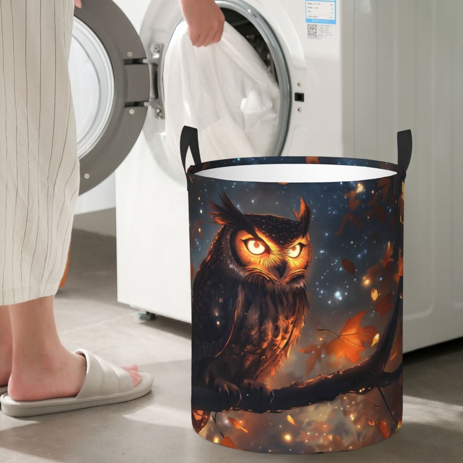 Large Laundry Basket with Handles - Autumn Owl Maple Leaves Kids Baby Dirty Clothes Laundry Hamper for Bedroom Aesthetic
